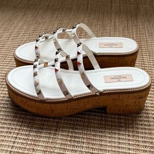 Valentino White Leather Rockstud Cork Platform Mules